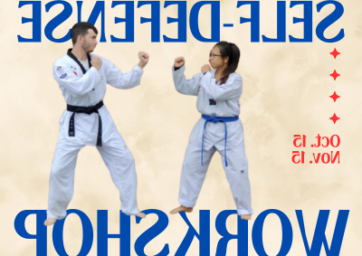 Bonnie and Isaac with their dukes up. Text reading Self Defense Workshop Oct 15, Nov 15