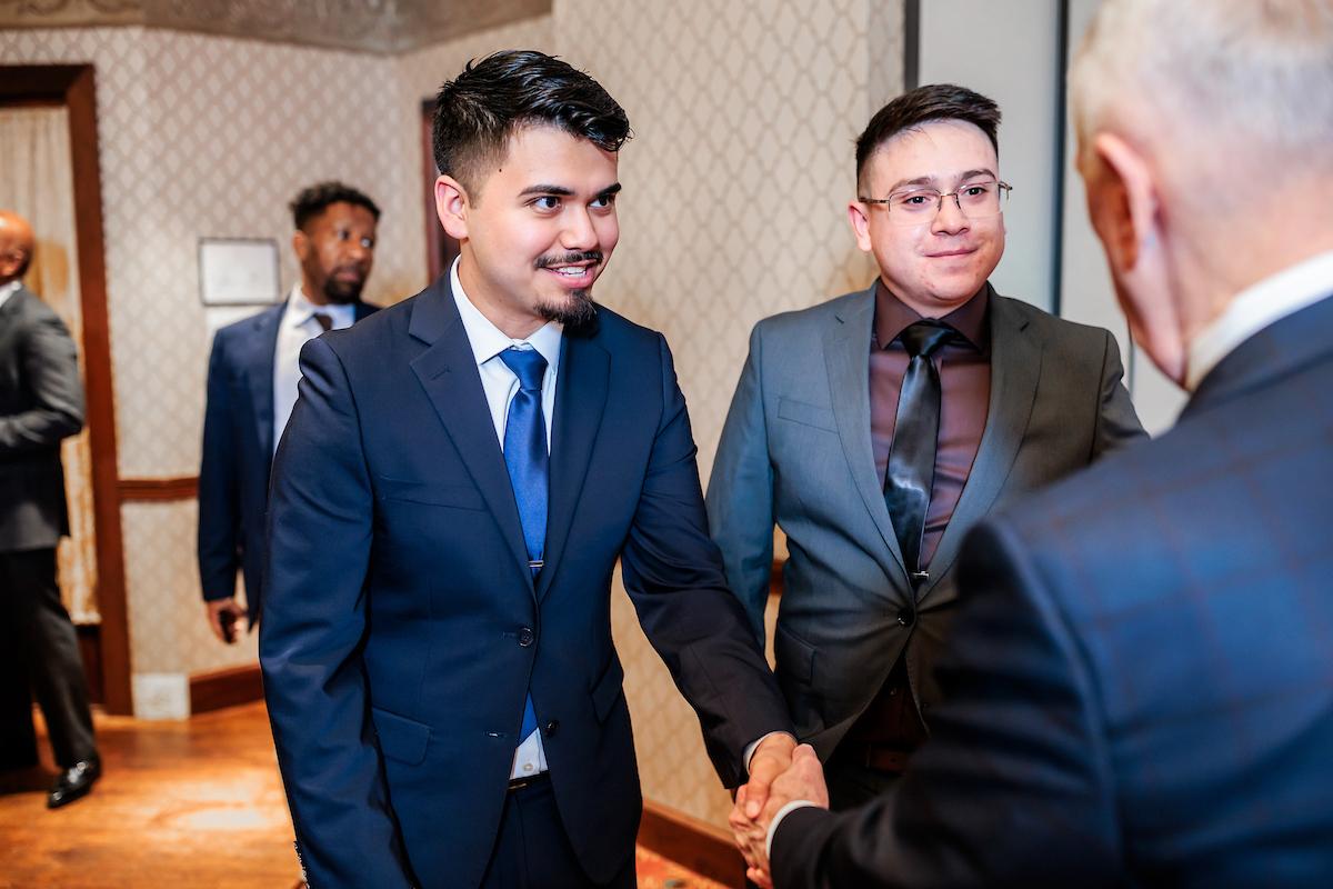 Two MSU Denver students shake the hand of Jim Mattis General, United States Marine Corps (Ret) & 26th Secretary of Defense